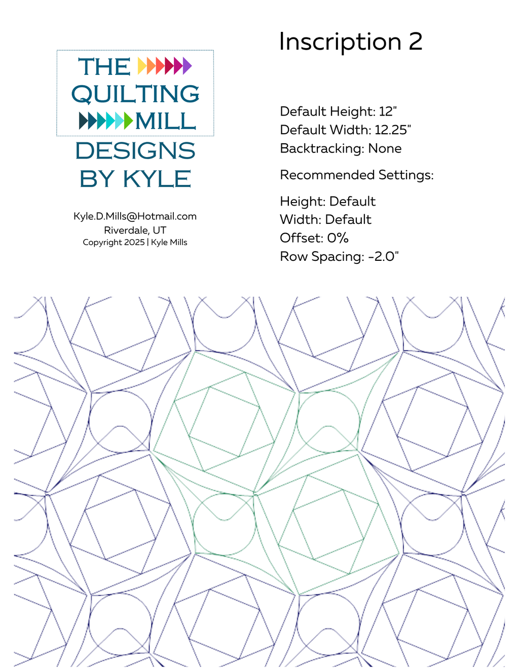 Inscription 2 digital pantograph info sheet showing default height, width, offset, and recommended row spacing settings