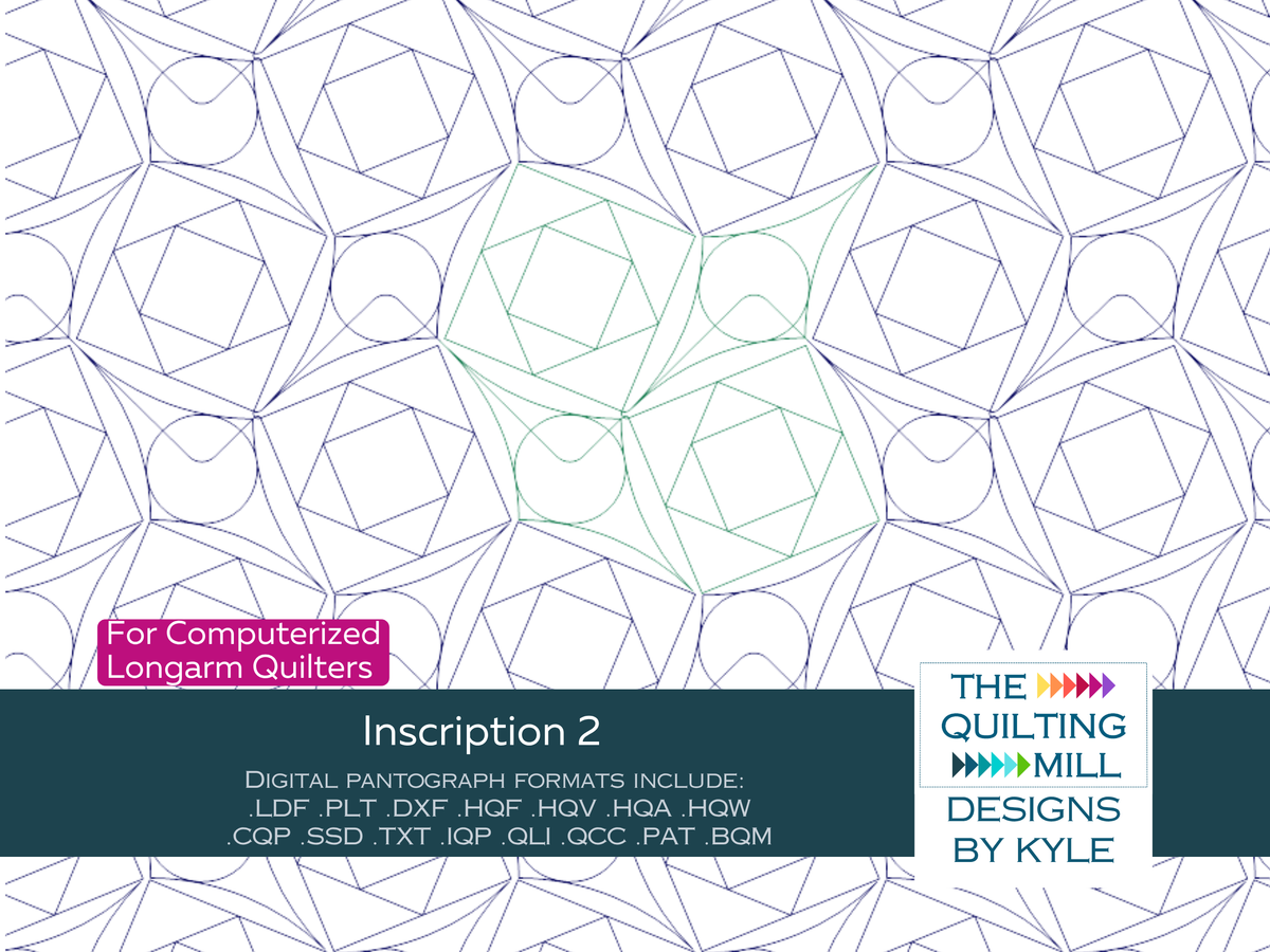 Inscription 2 modern geometric quilting pantograph product image with The Quilting Mill logo, showing faceted pentagons and hexagons