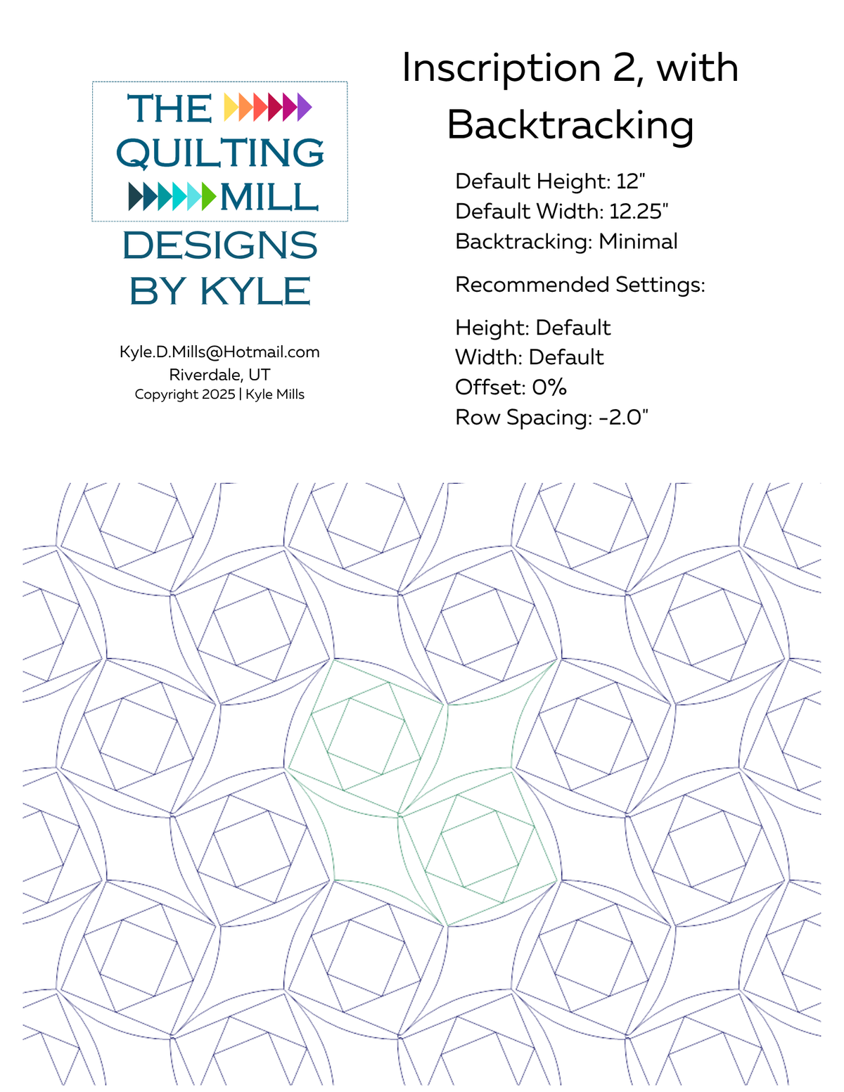 Inscription 2 with Backtracking digital pantograph info sheet showing default height, width, offset, and recommended row spacing settings