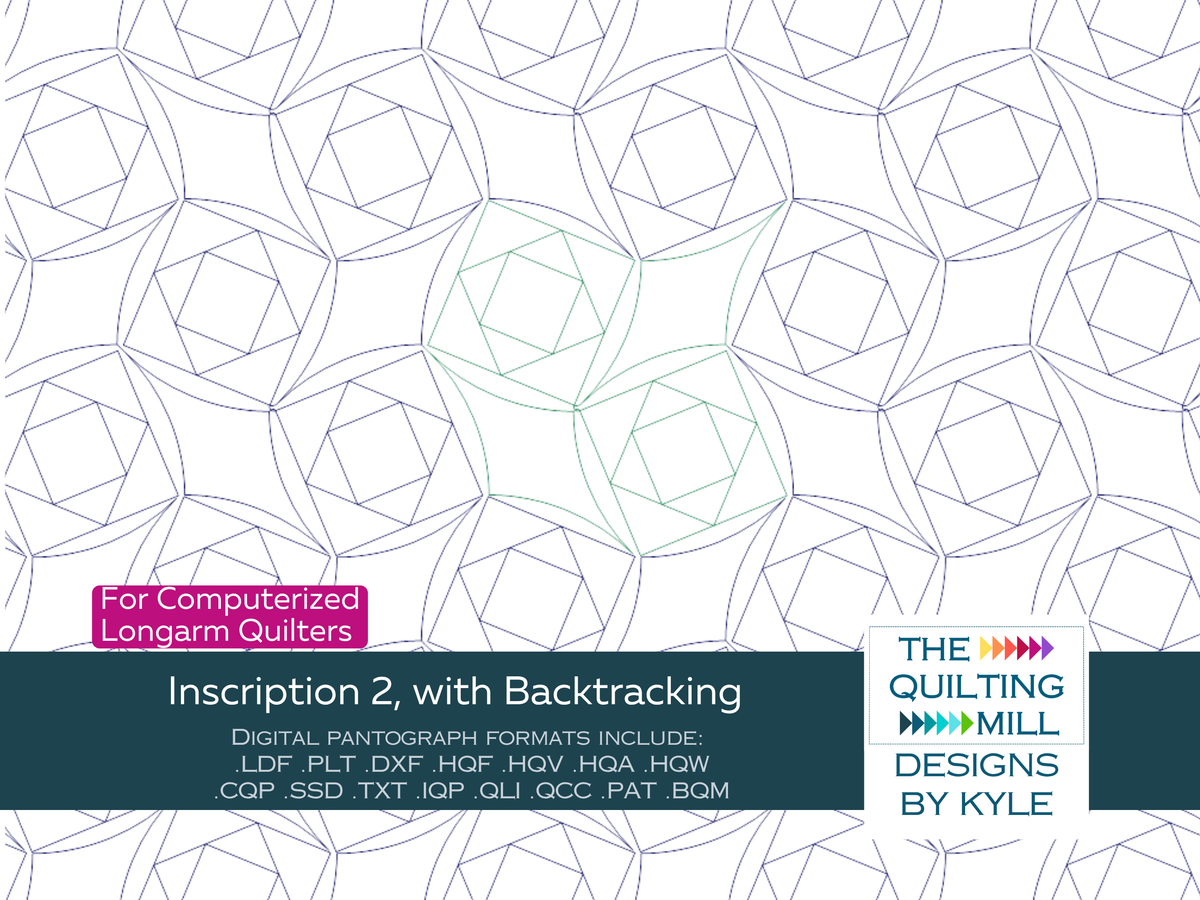 Inscription 2 with Backtracking faceted digital quilting design product image with The Quilting Mill logo, showing pentagons and hexagons