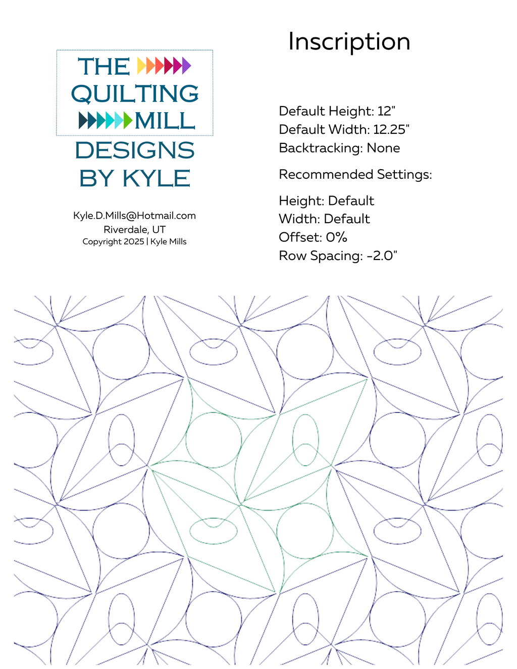 Inscription digital pantograph info sheet showing default height, width, offset, and recommended row spacing settings