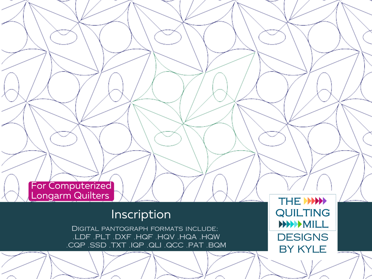 Inscription ornate medallion digital pantograph product image with The Quilting Mill logo, showing radiating rays and compass rose details