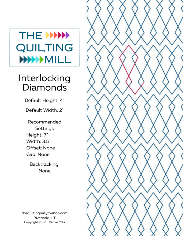Interlocking Diamonds geometric quilting pantograph info sheet with file formats and specifications for digital pantographs and longarm quilting machines