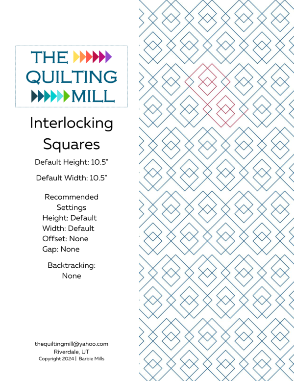 Interlocking Squares easy geometric digital pantograph pantographs for longarm quilting featuring a close-up of the repeating square motifs on a fabric quilt.