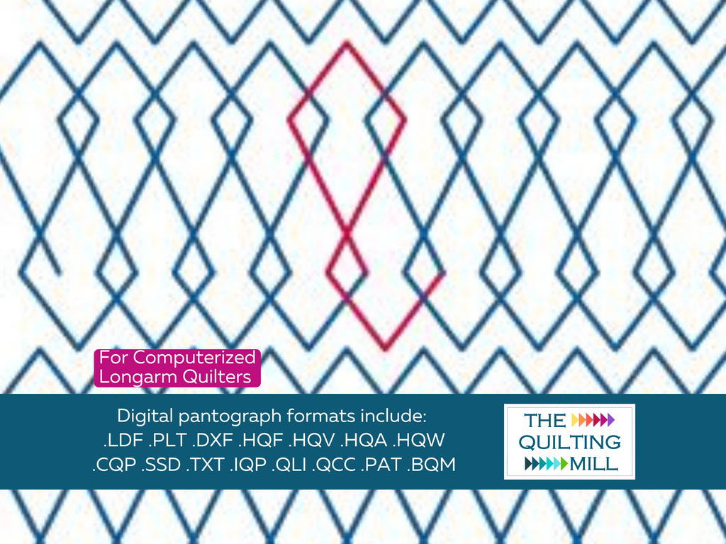 Interlocking Diamonds geometric quilting pantograph full design view with The Quilting Mill logo – bold chained diamond edge-to-edge longarm pantograph pattern