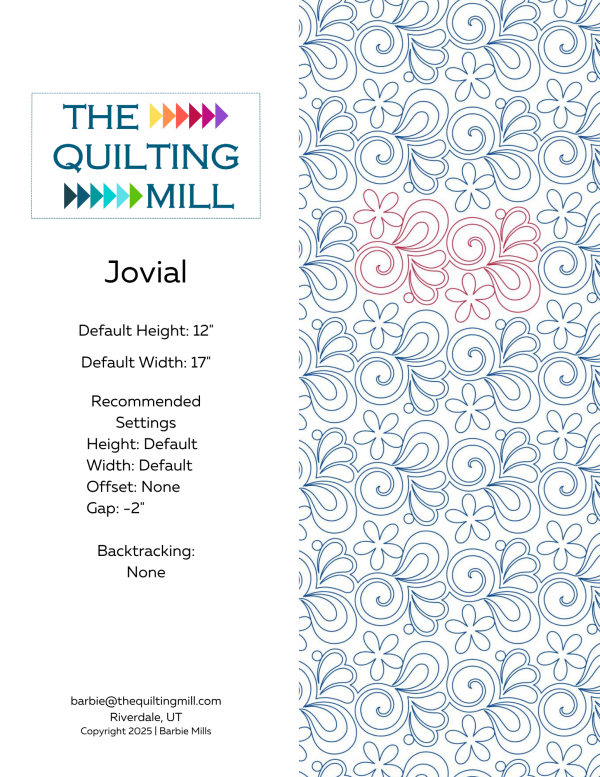Jovial swirl quilting pantograph info sheet – specs and settings for digital pantographs for longarm quilting machines