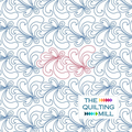 Jubilee feather pantograph pattern with swirls and feather shapes for longarm quilting, shown with The Quilting Mill logo