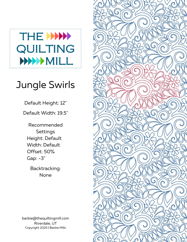 Jungle Swirls digital pantograph design product info sheet with 12x19.5 inch default specs, 50% offset setting, and supported longarm file formats