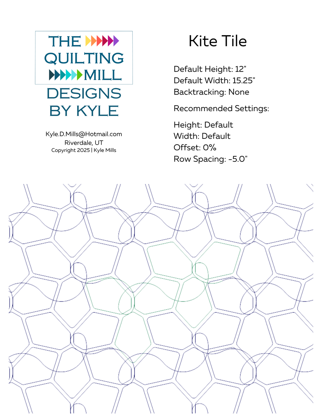 Kite Tile digital pantograph info sheet showing default height, width, offset, and recommended row spacing settings