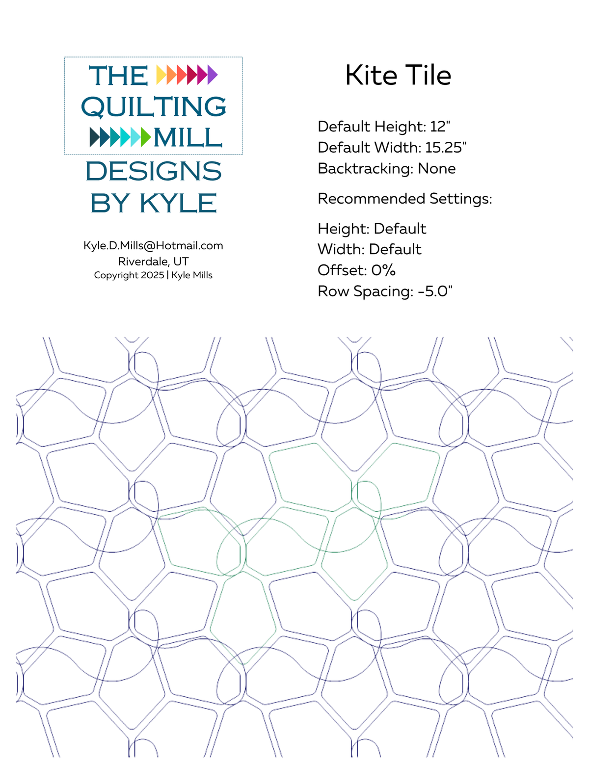 Kite Tile digital pantograph info sheet showing default height, width, offset, and recommended row spacing settings