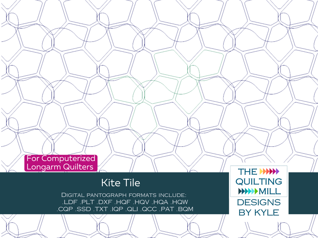 Kite Tile abstract geometric quilting pantograph product image with The Quilting Mill logo, showing interlocking hexagons and kite shapes