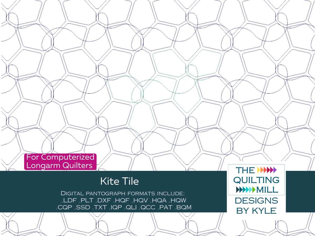 Kite Tile abstract geometric quilting pantograph product image with The Quilting Mill logo, showing interlocking hexagons and kite shapes