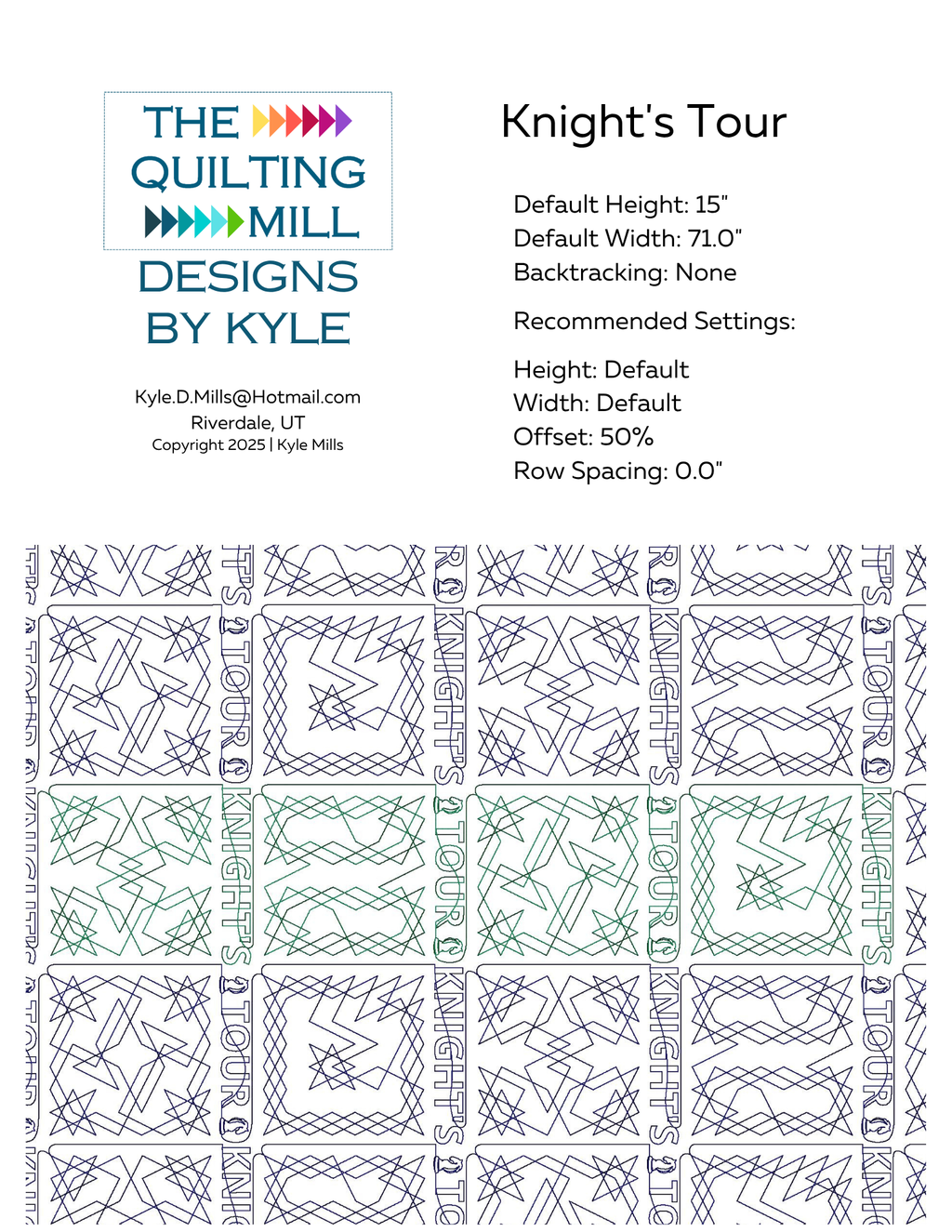 Knight's Tour digital pantograph info sheet showing default height, width, offset, and recommended row spacing settings