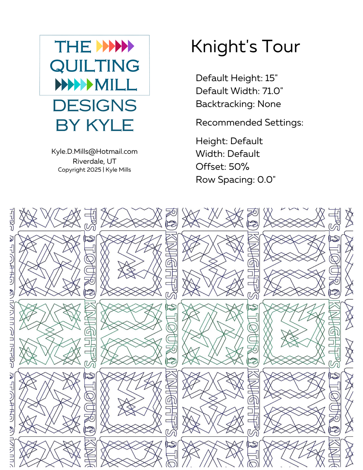Knight's Tour digital pantograph info sheet showing default height, width, offset, and recommended row spacing settings