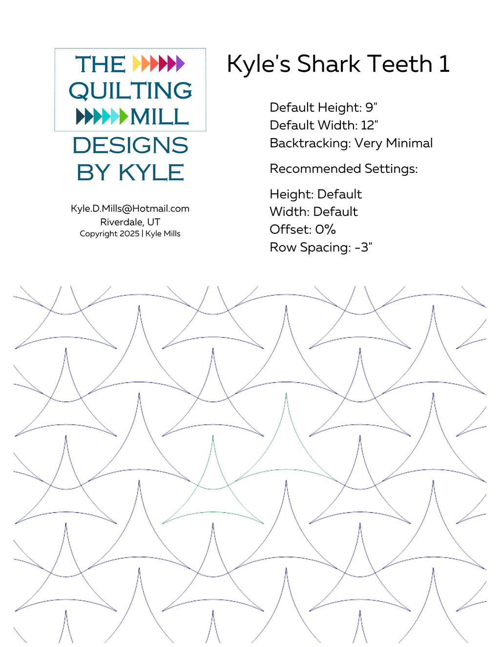 Kyle's Shark Teeth 1 digital pantograph info sheet showing default height, width, offset, and recommended row spacing settings