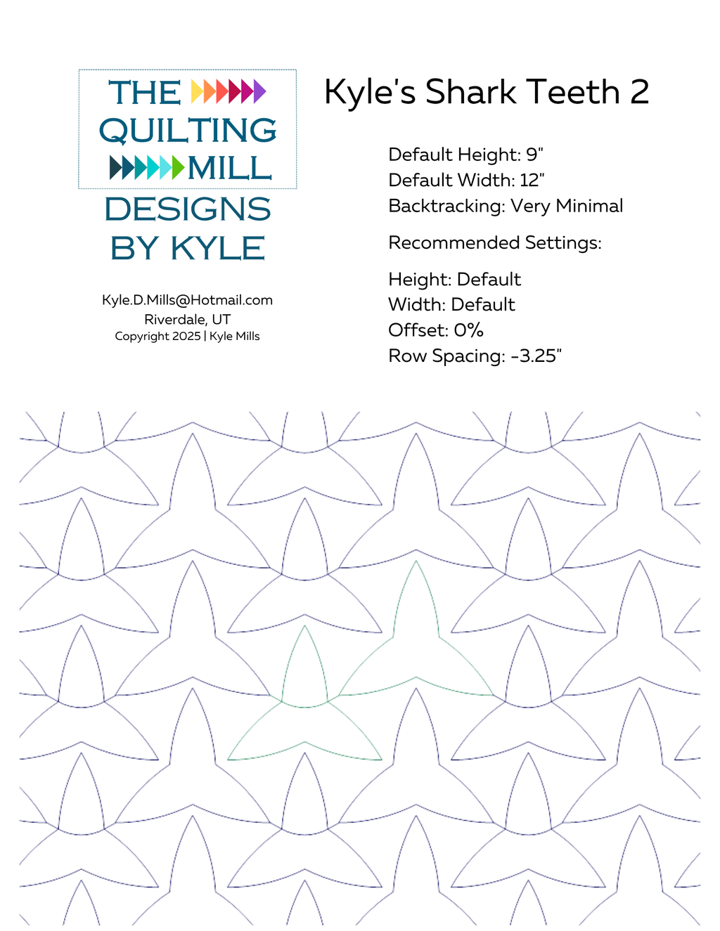 Kyle's Shark Teeth 2 digital pantograph info sheet showing default height, width, offset, and recommended row spacing settings