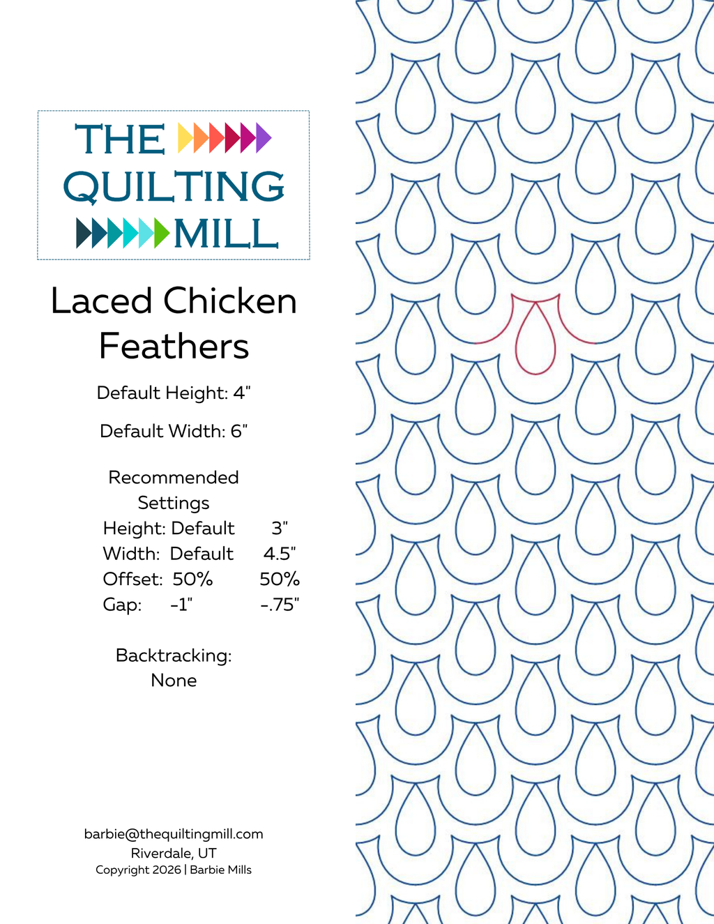 Laced Chicken Feathers digital pantograph info sheet with default size, recommended settings, and no backtracking