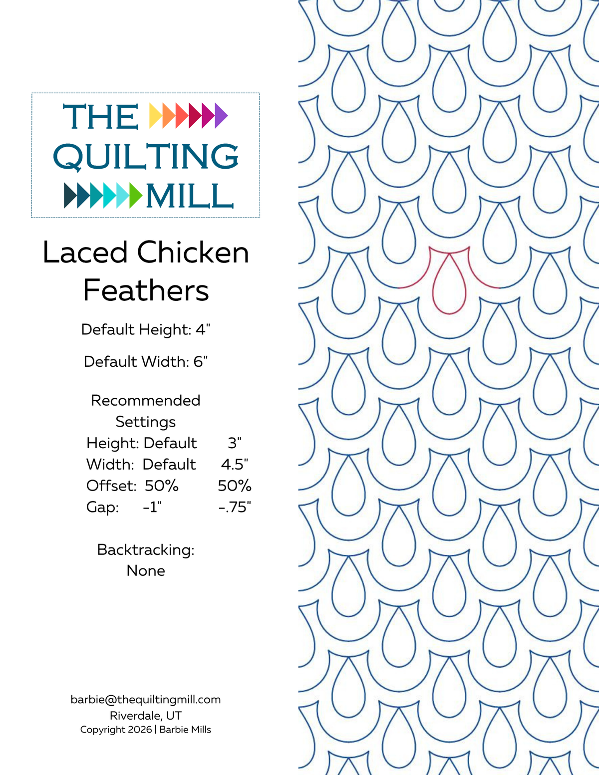 Laced Chicken Feathers digital pantograph info sheet with default size, recommended settings, and no backtracking