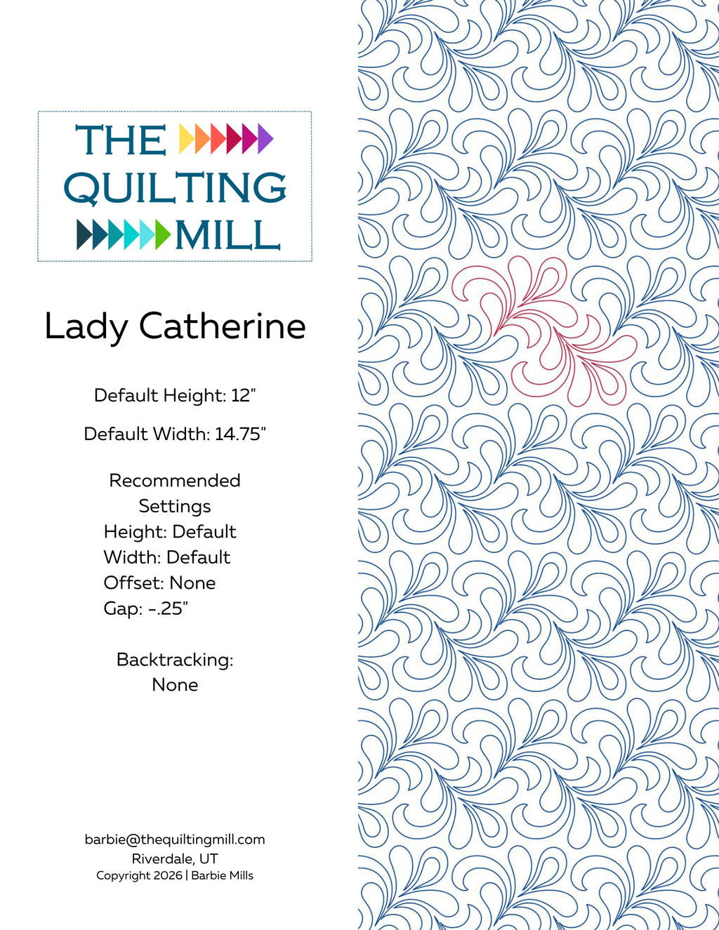 Lady Catherine digital pantograph pattern info sheet with product specifications and file format details