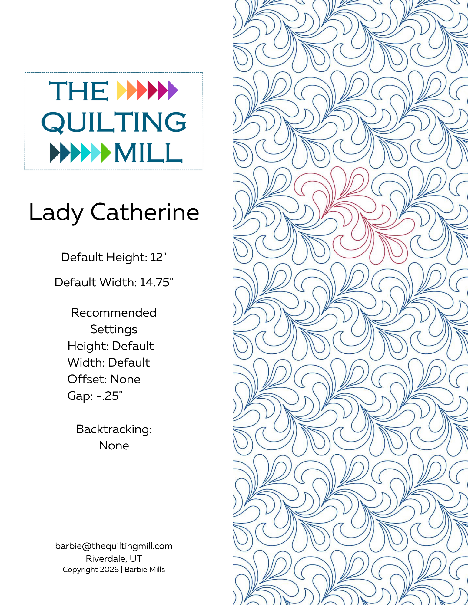 Lady Catherine digital pantograph pattern info sheet with product specifications and file format details