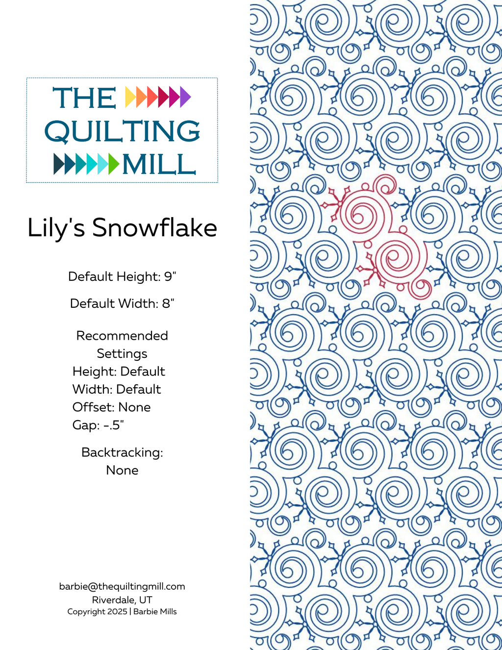 Lily's Snowflake winter quilting pantograph info sheet showing file formats, stitch settings, and machine compatibility