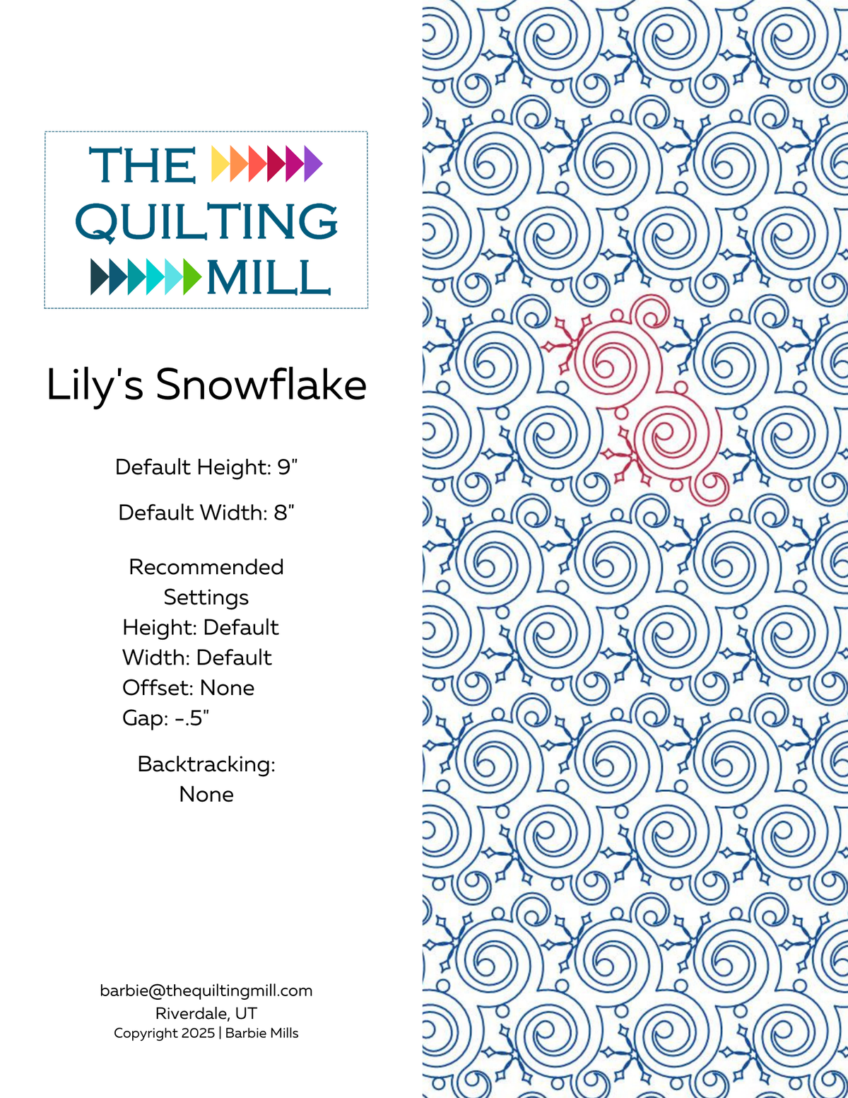 Lily's Snowflake winter quilting pantograph info sheet showing file formats, stitch settings, and machine compatibility