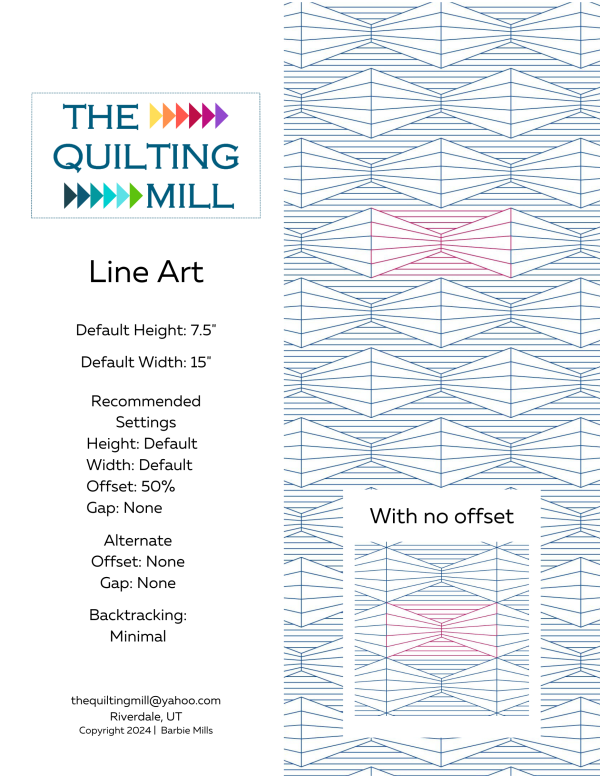 Line Art optical illusion quilting pantograph product info sheet with specifications for digital pantograph longarm machines