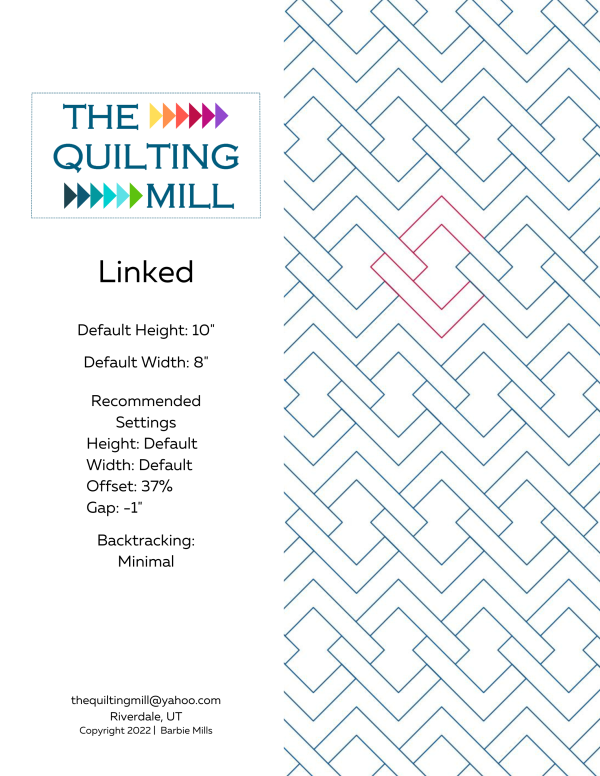 Linked interlocking quilting pantograph info sheet with file formats and specifications for digital pantographs and longarm quilting machines