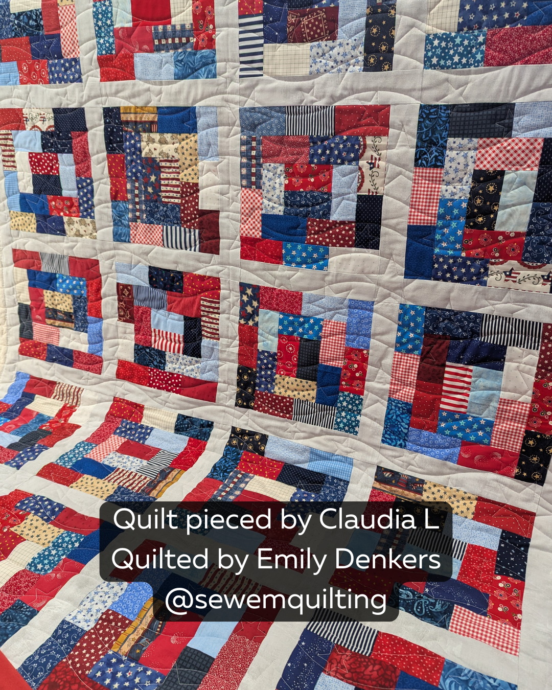 Long May It Wave extended width star longarm pantograph stitched on a patriotic quilt, featuring flowing wave lines and star quilting motifs in red, white, and blue fabrics.