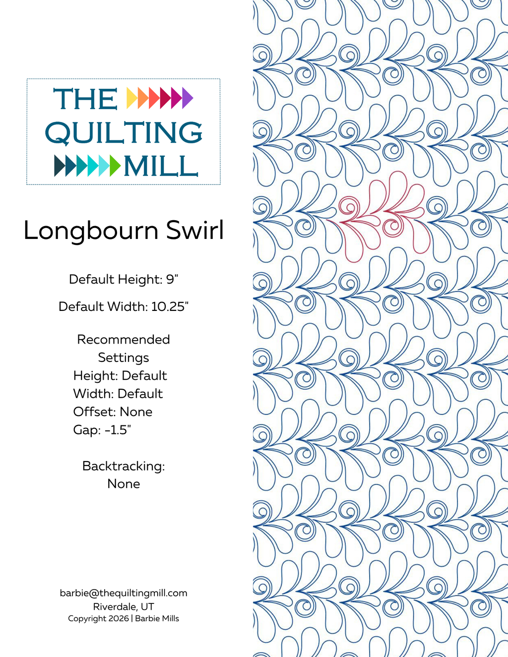 Longbourn Swirl digital pantograph pattern info sheet with product specifications and file format details