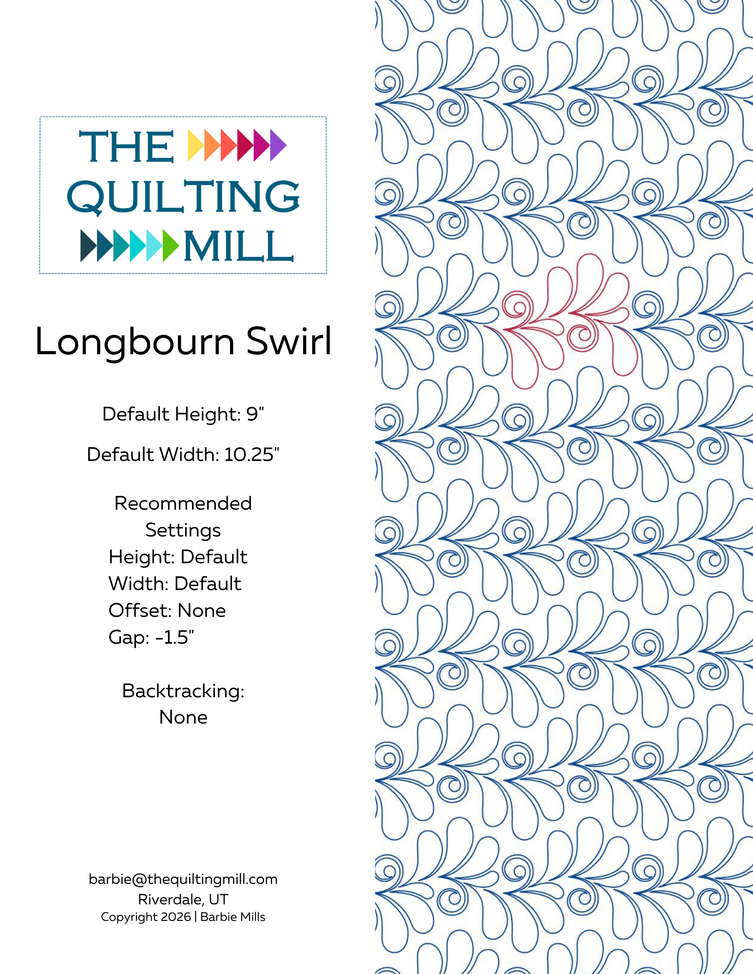 Longbourn Swirl digital pantograph pattern info sheet with product specifications and file format details