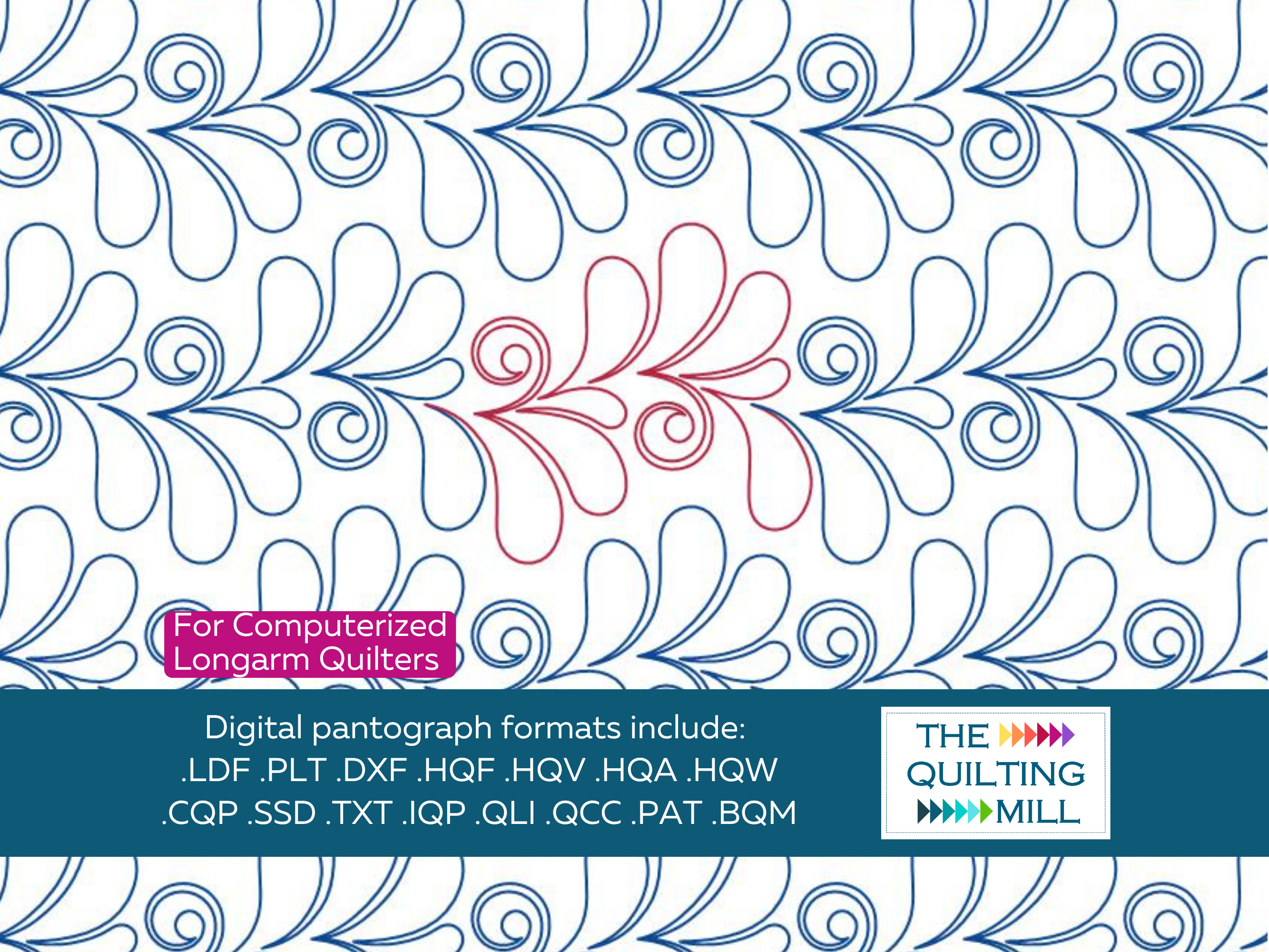 Longbourn Swirl single pattern repeat in red on a full feather swirl pantograph background, The Quilting Mill logo