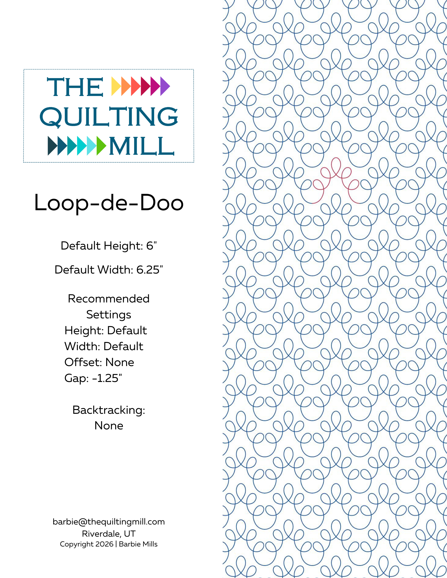 Loop-de-Doo loop pantograph pattern for digital quilting pantographs creates a playful loop-filled look with smooth movement and cheerful charm.
