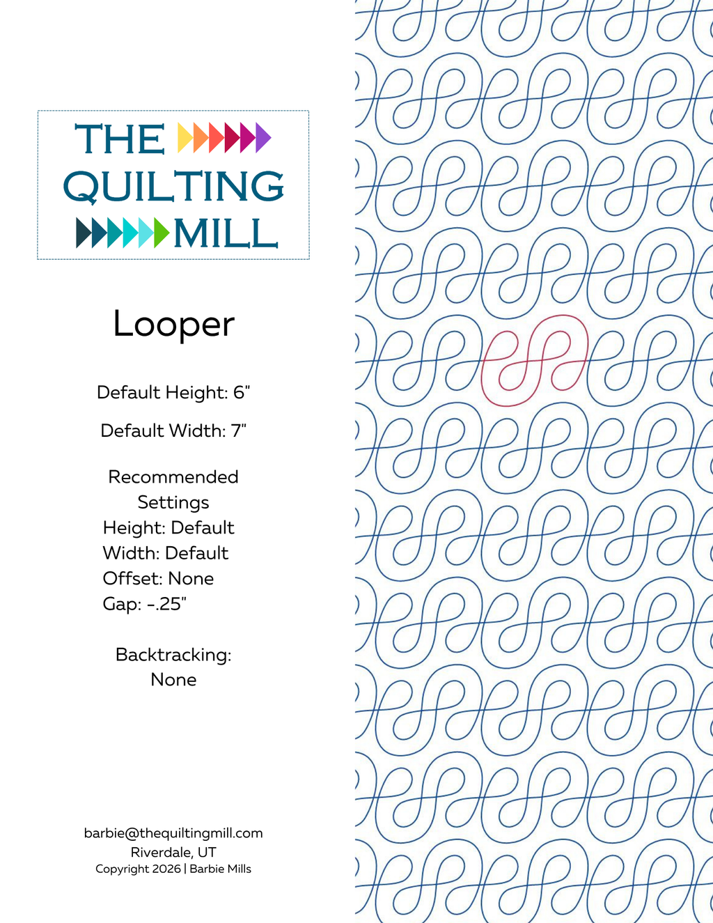 Looper info sheet digital pantograph pattern with repeating rounded loops for modern and everyday quilts