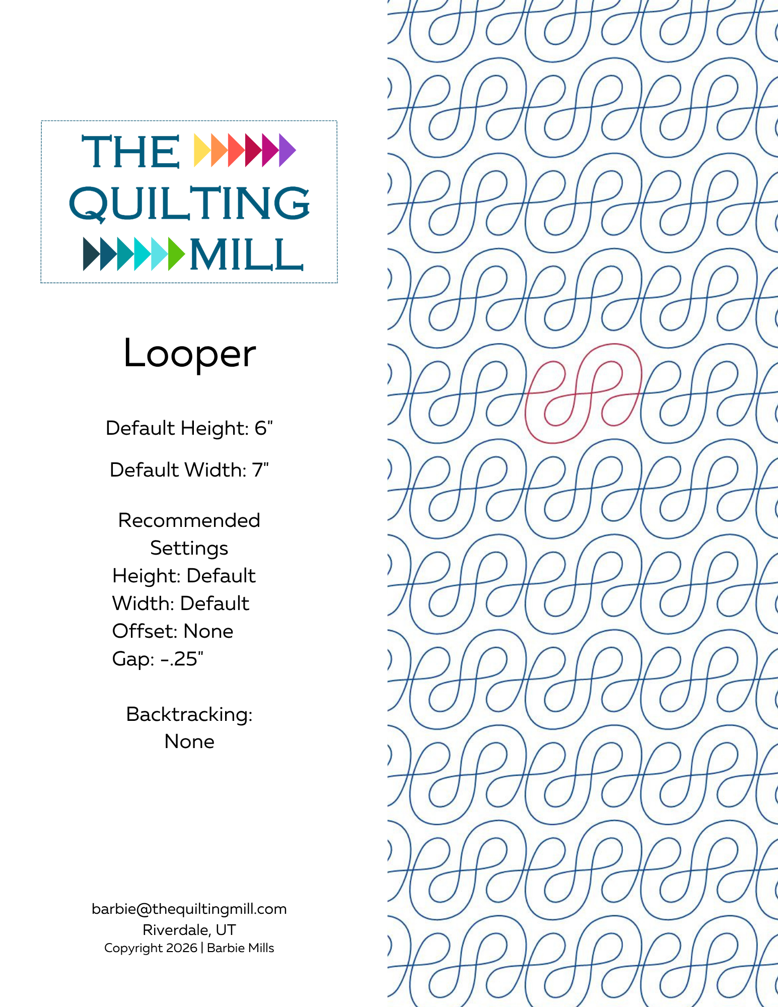 Looper info sheet digital pantograph pattern with repeating rounded loops for modern and everyday quilts