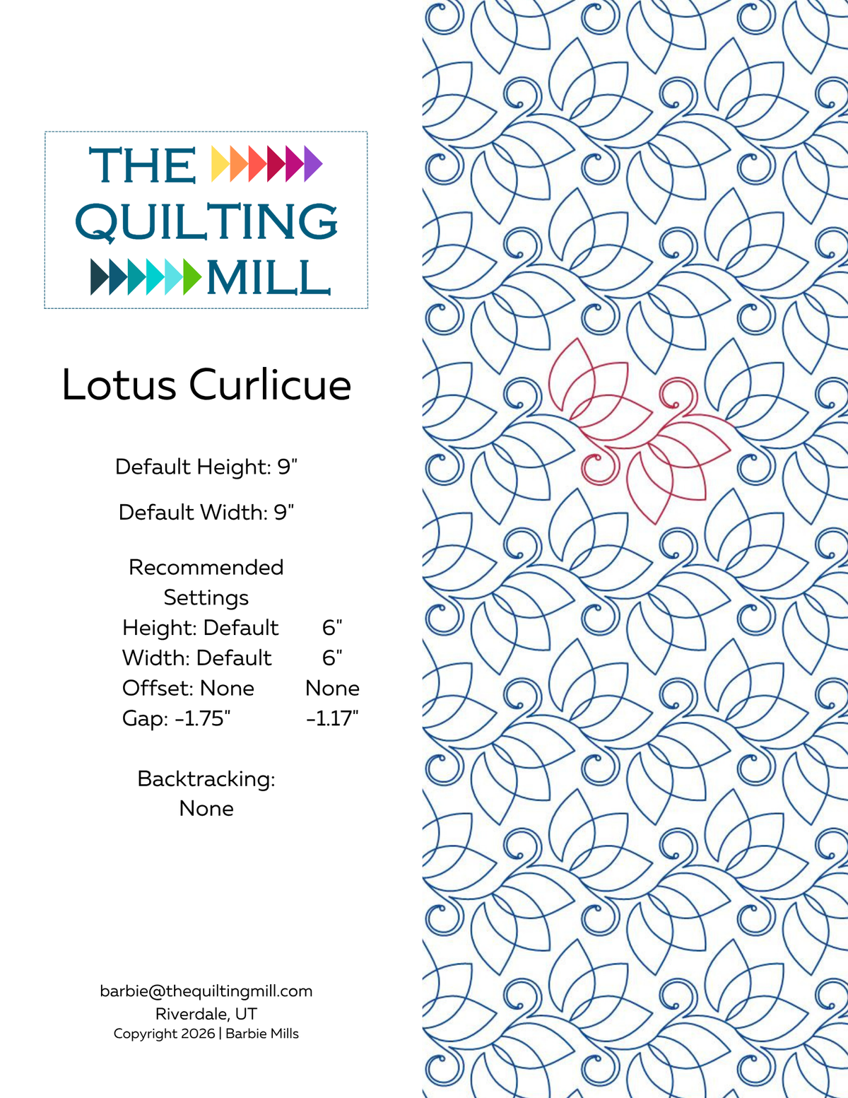 Lotus Curlicue digital pantograph info sheet with 9 inch default size, no offset, gap settings, and no backtracking