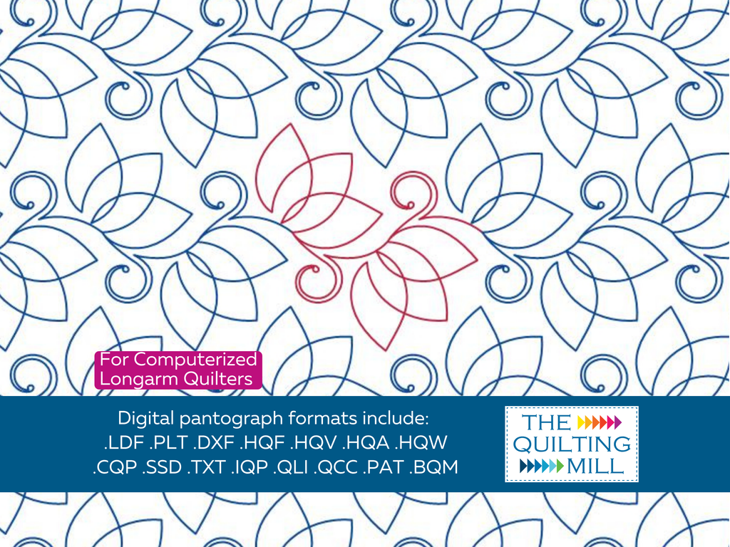 Lotus Curlicue floral quilting pantograph pattern repeat with The Quilting Mill logo
