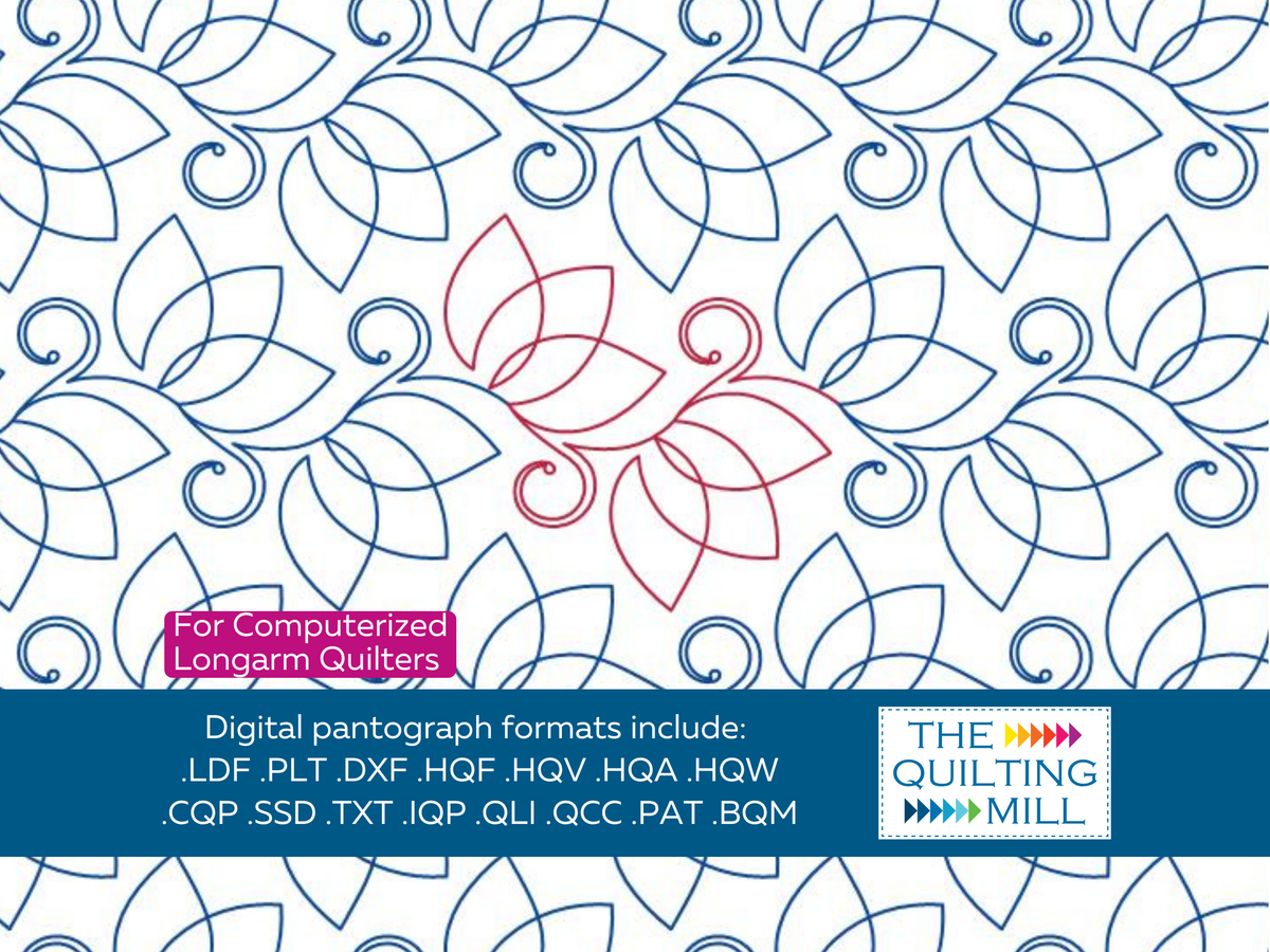 Lotus Curlicue floral quilting pantograph pattern repeat with The Quilting Mill logo
