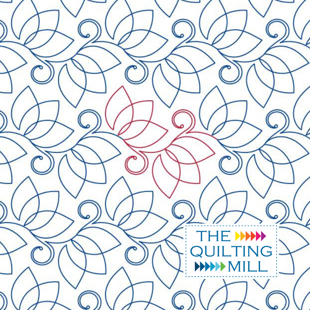 Lotus Curlicue flower quilting pantograph with pointed lotus petals and spiral curls for longarm quilting