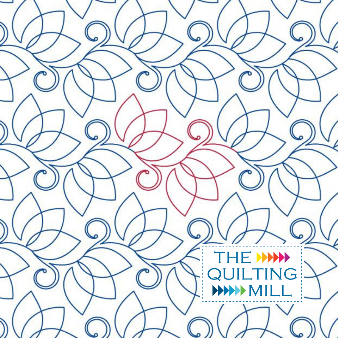 Lotus Curlicue flower quilting pantograph with pointed lotus petals and spiral curls for longarm quilting