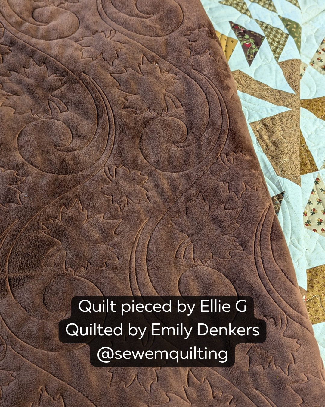 Maple Breeze autumn leaf quilting pattern stitched on a cozy brown quilt, featuring flowing maple leaves and curved longarm quilting details.