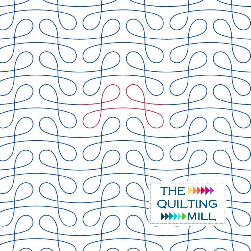 Maracas fun quilting pantograph full design view with The Quilting Mill logo – bold rhythmic retro gourd shapes in a playful edge-to-edge longarm pantograph pattern