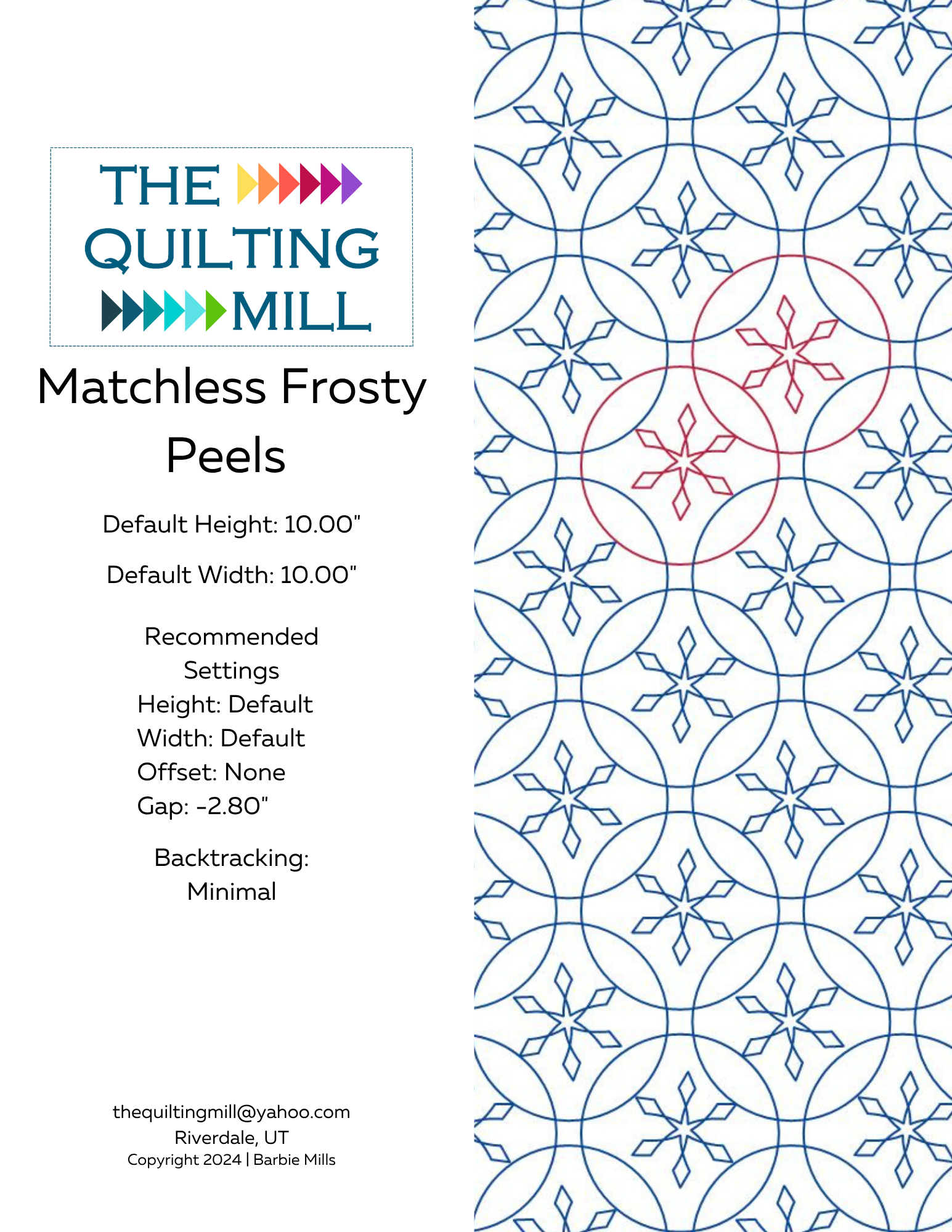 Matchless Frosty Peels Christmas digital pantograph product info sheet showing file formats, stitch settings, and machine compatibility