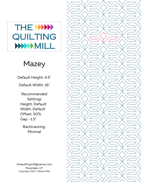 Mazey digital geometric pantograph for longarm machines – product info sheet with specs, settings and file formats