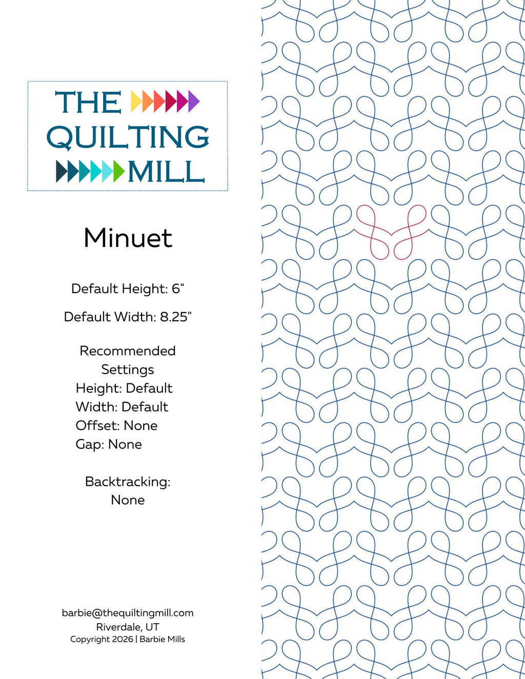 Minuet loop quilting pantograph info sheet showing design specs, sizing details, and the flowing looping quilting pantograph layout for longarm quilting machines.
