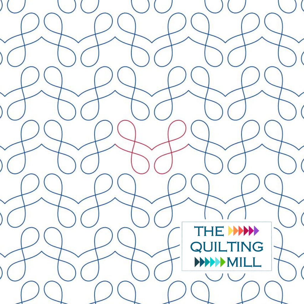 Minuet loop quilting pantograph hero image showing an elegant loop quilting design of flowing, interlocking loops and curves across the full design with The Quilting Mill logo.
