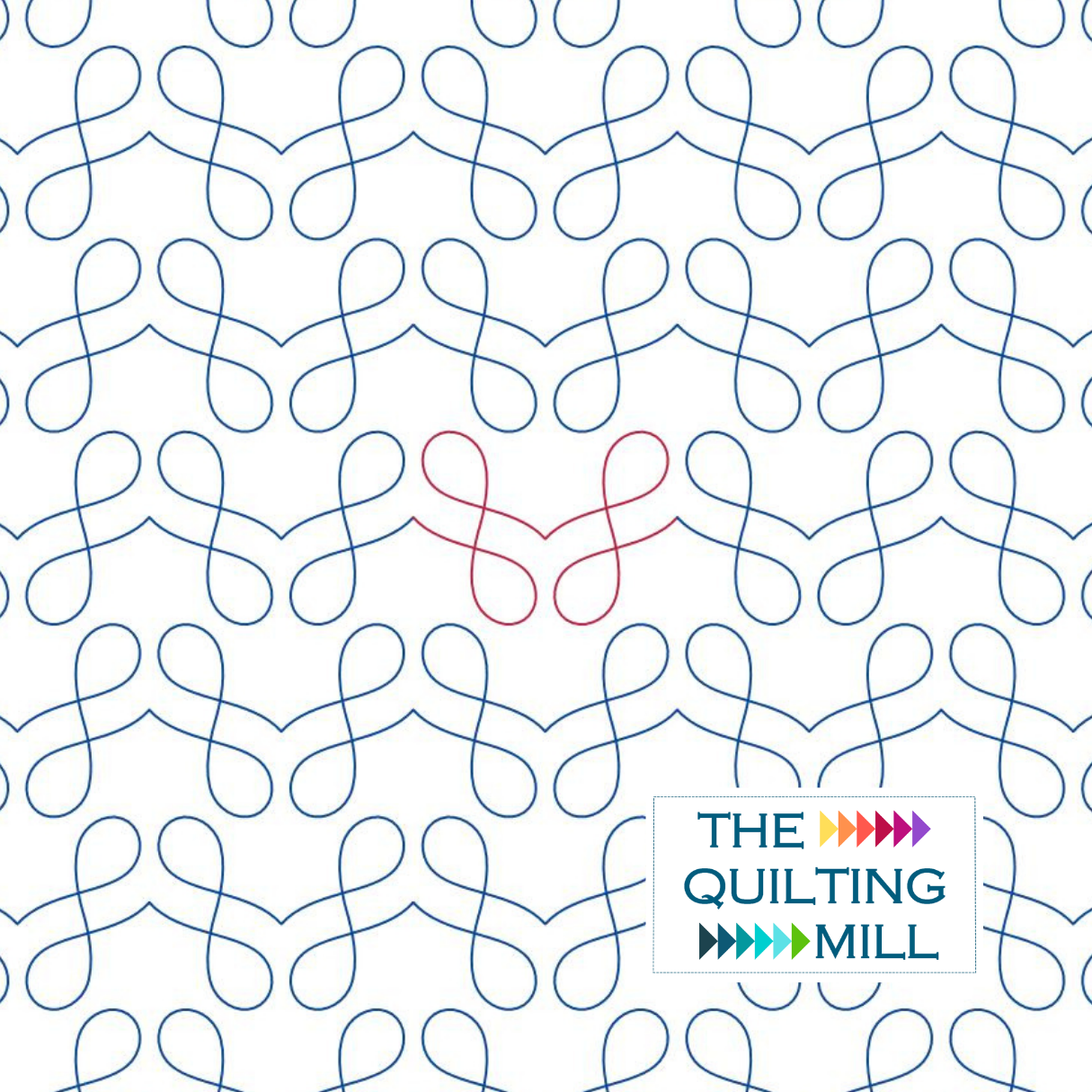 Minuet loop quilting pantograph hero image showing an elegant loop quilting design of flowing, interlocking loops and curves across the full design with The Quilting Mill logo.
