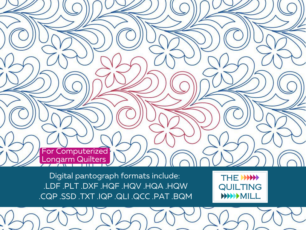 Miss Elizabeth Bloom single pattern repeat in red on a full floral swirl pantograph background, The Quilting Mill logo