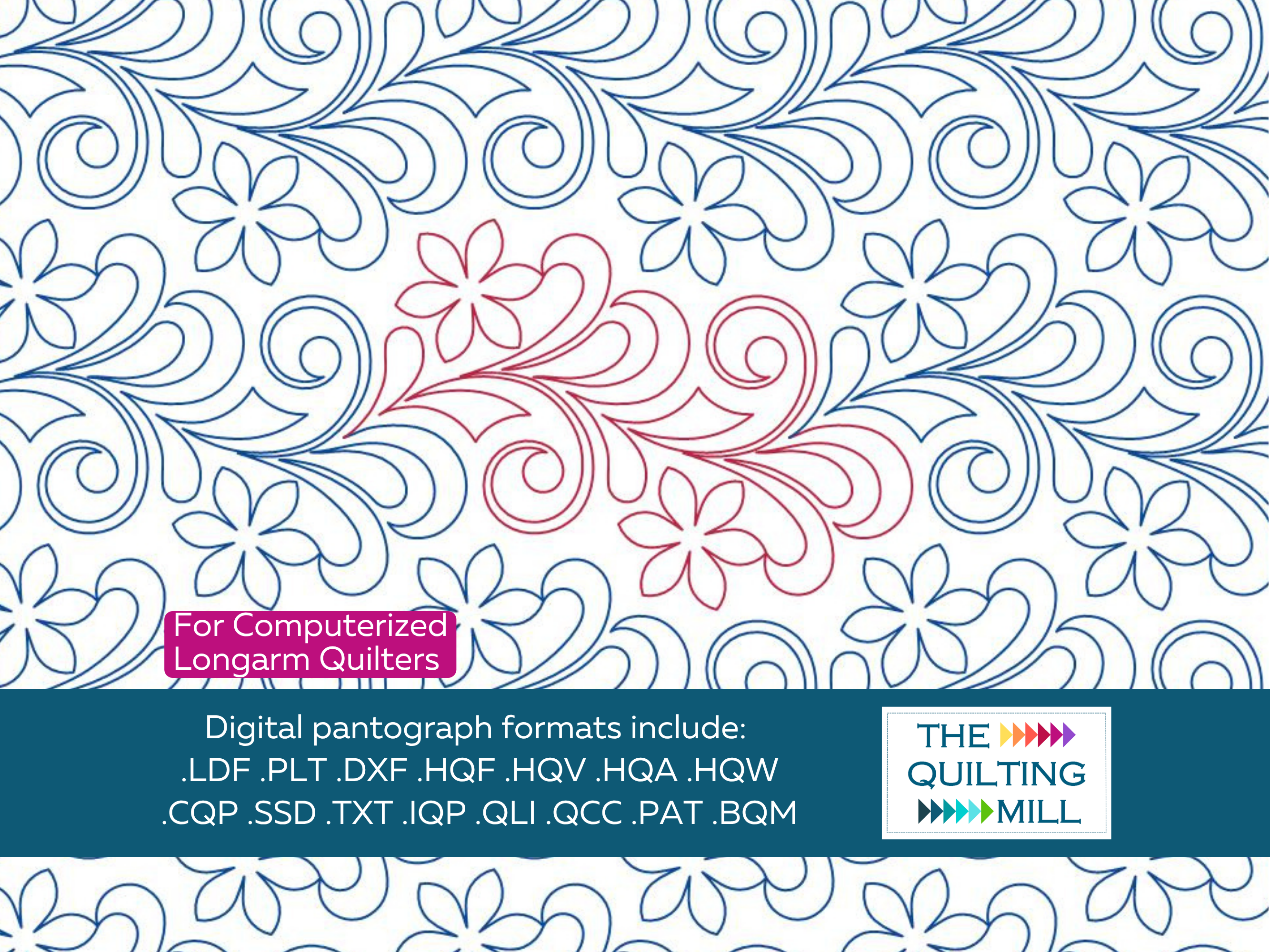 Miss Elizabeth Bloom single pattern repeat in red on a full floral swirl pantograph background, The Quilting Mill logo