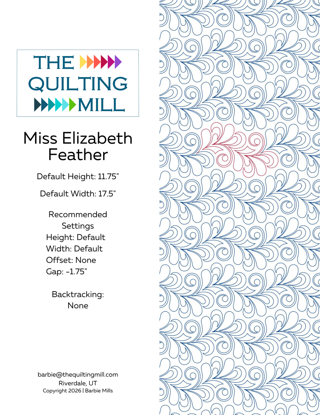 Miss Elizabeth Feather digital pantograph info sheet with pattern specifications and The Quilting Mill logo